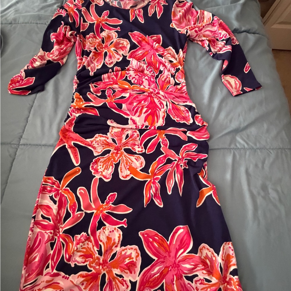 Lilly Pulitzer Navy and Pink Floral Long Sleeve Dress